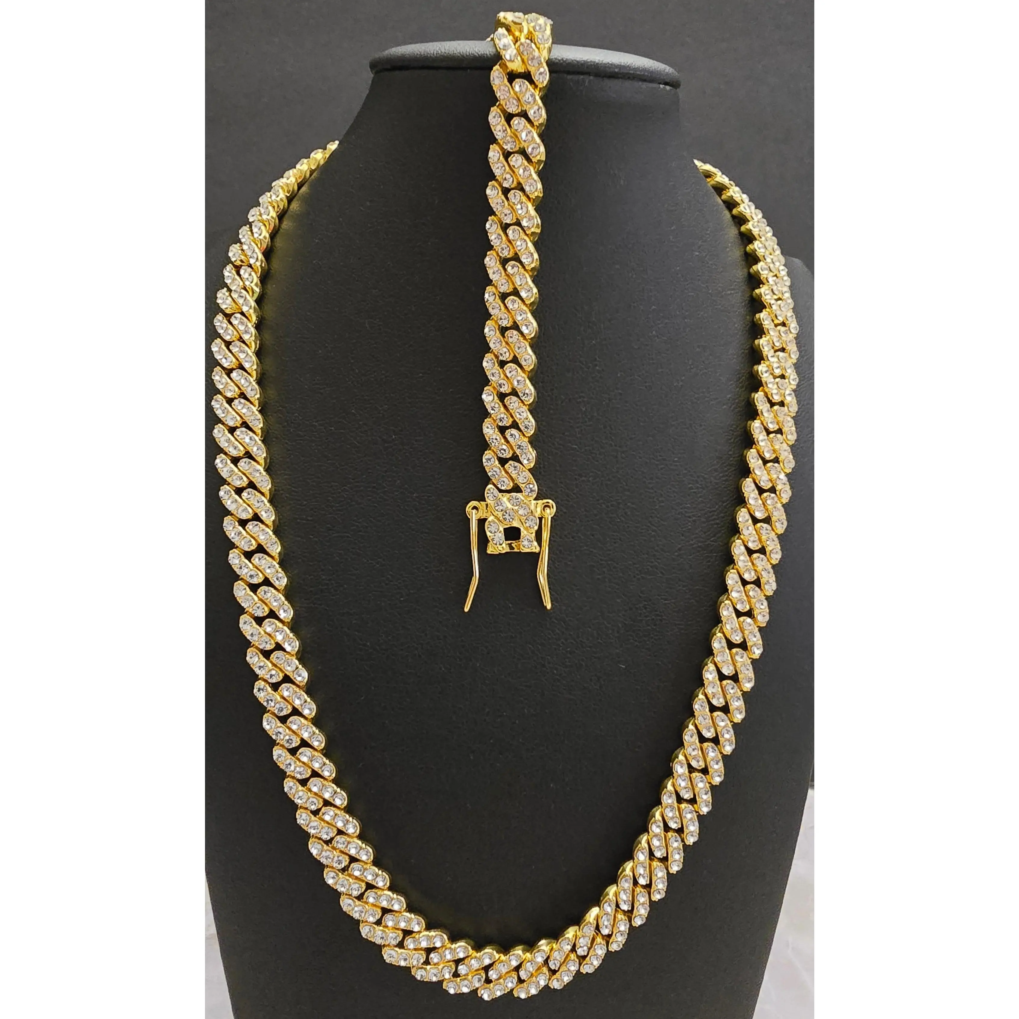 Iced Out Cuban Chain, 9mm Rhinestone Pave Necklace or Yellow Cuban Bracelet (7/8 Inch) for Casual Daily Wear, Cuban Link Chain, Yellow Gold