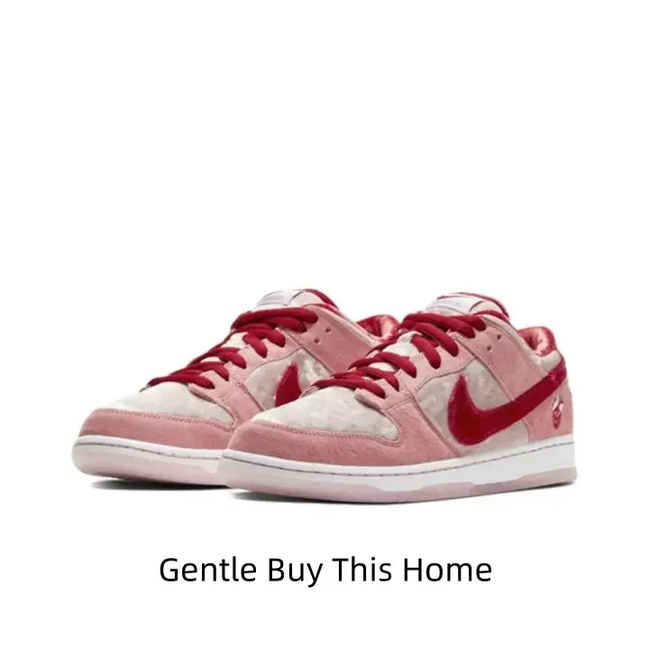 Unisex pink red two-tone low skate sneakers, premium suede & velvet mixed texture, sweet pink with deep red velvet contrast, all-match romantic daily street footwear.