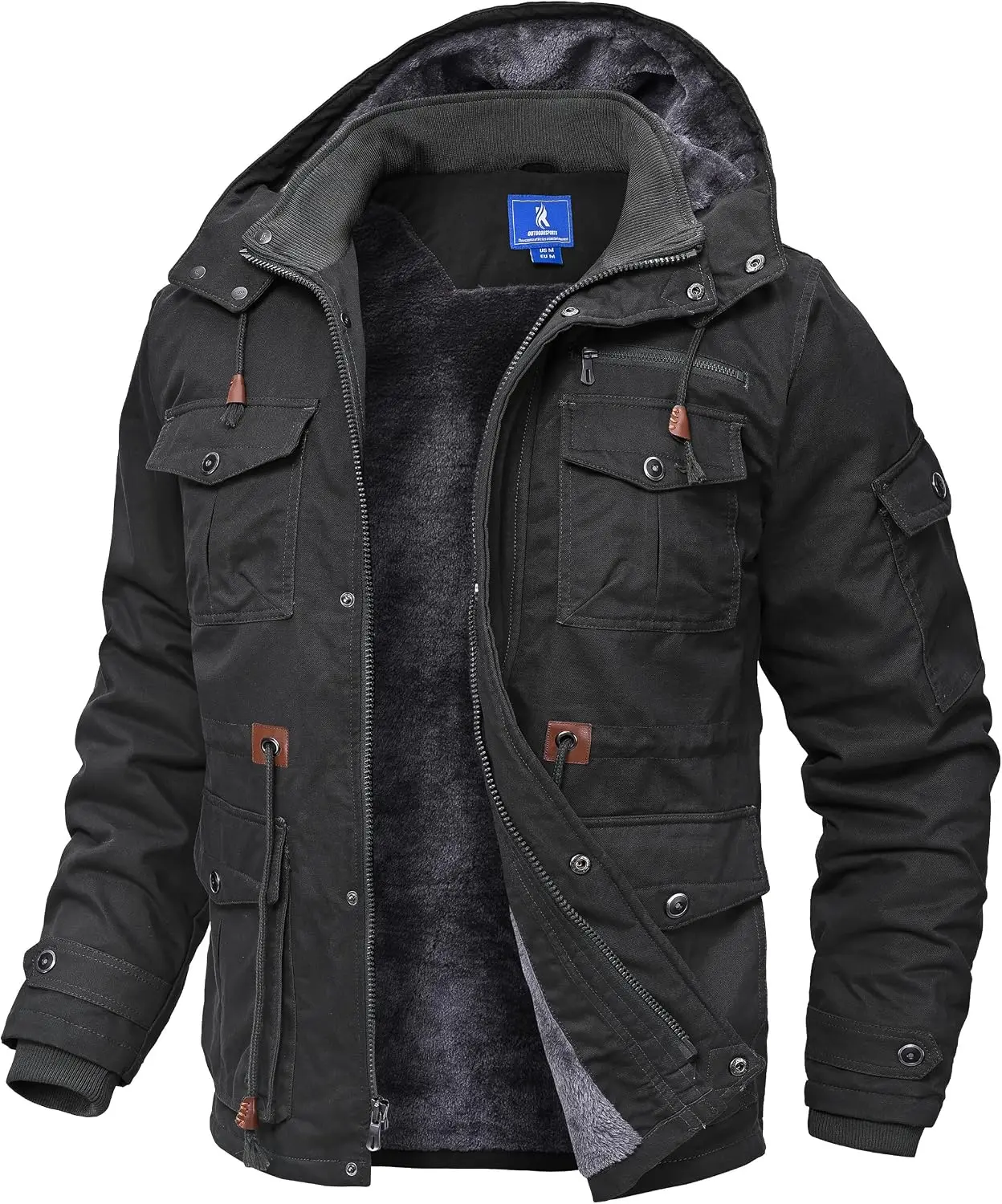 Men's Minimalist Thick Plush Cotton Winter Cargo Outerwear - Soft Fleece-Lined Warm Classic Fabric Coat with Multiple Functional Pockets, Tidy Hem for Outdoor Use