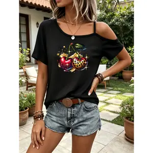 Womens Asymmetrical One Shoulder Strap Short Sleeve Tee Loose Fit Summer Top Off Shoulder Look Sparkly Cherry Leopard Print Graphic Shirt Casual Vacation Outfit