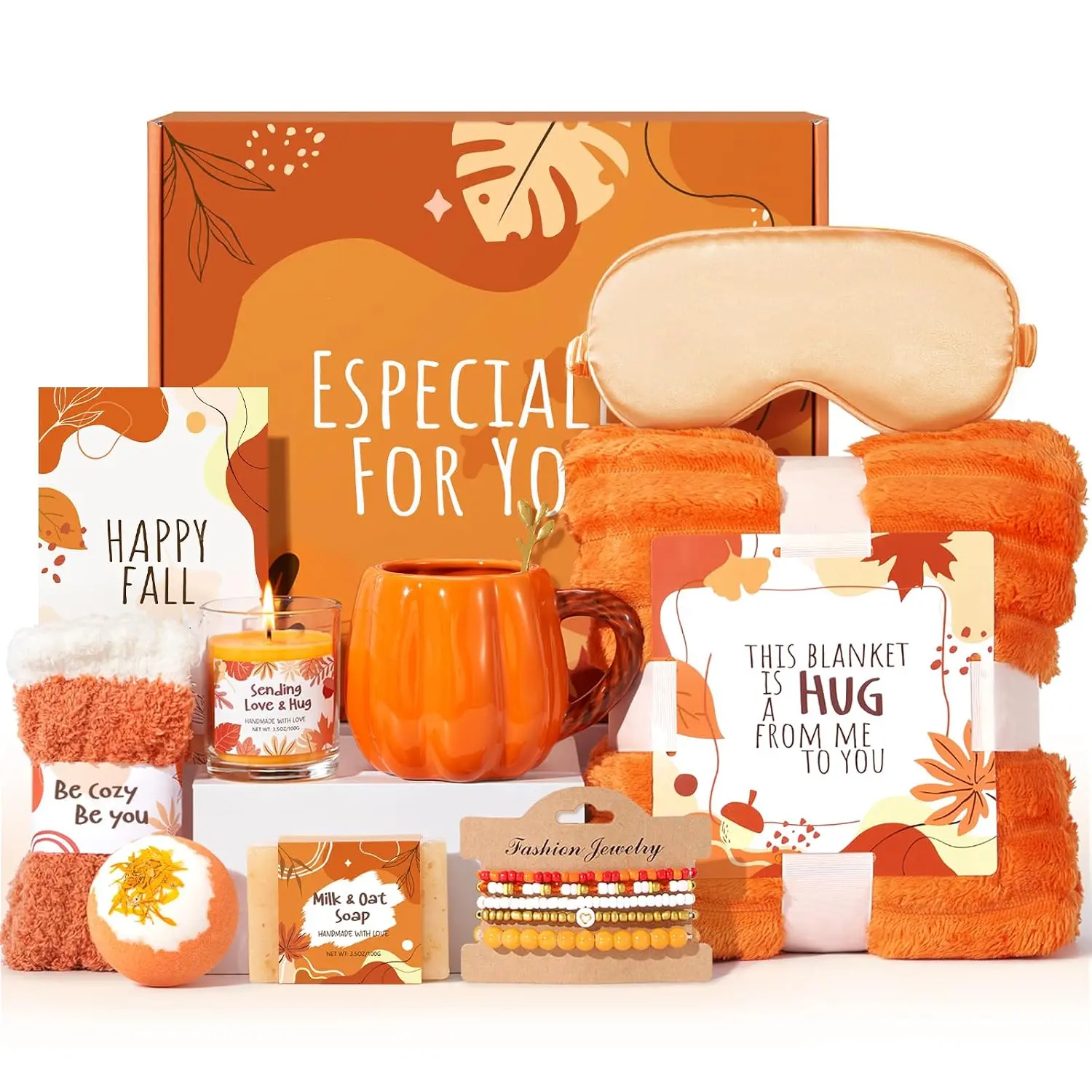 Fall Gifts Basket for Women, Orange Spa Gift Set Get Well Soon Care Package | Thanksgiving Halloween Birthday Graduation Sympathy Retirement Gifts for Women Wife Mom Sister Friends