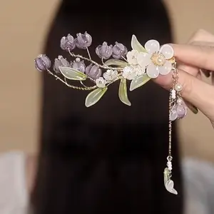 Antique Purple Lily of The Valley Side Hairpin Female Side Hair Clips Flower Headpieces Pendant Jewelry for Women Hair Holder