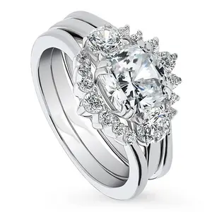 BERRICLE Sterling Silver 3-Stone Wishbone 7-Stone Engagement Rings Statement Stackable Band for Women, 2 Carat Cushion Cut Cubic Zirconia CZ Ring Set