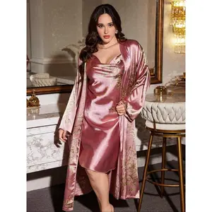 Plus Size Women’s Pajamas GARMENTARY – two-piece set featuring a plant-print satin ribbon robe and a wrap vest; an elegant yet casual off-shoulder long-sleeve dress paired with a pleated morning gown