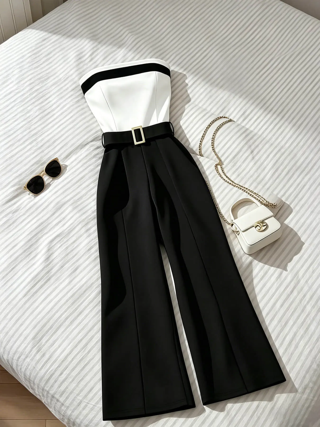 A women's light and mature style contrasting jumpsuit, Casual Comfy Jumpsuit, with a strapless waist, wide leg pants slim and luxurious, suitable for summer, nightclubs, city travel, beach vacations, Casual Jumpsuits