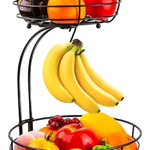 2-Tier Fruit Basket with Banana Holder - Metal Wire Design for Kitchen Storage - Organize Fruits and Vegetables Efficiently