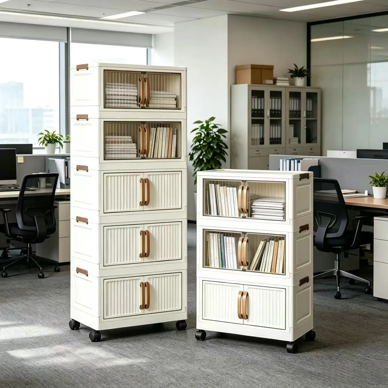 Modern Stackable Office Storage Drawer Unit with Doors & Casters, Foldable Plastic Organizer Cabinet for Home & Office, Large-Capacity Mobile Modular Storage Chest with Clear Doors for Documents & Books