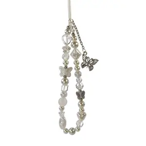 Butterfly Design Beaded Phone Chain, Cute Phone Lanyard, Creative Phone Charm, Fashion Phone Accessories for Women & Girls  Short Phone Charm Lanyard Wristlet Beaded Strap for Women, Luxury Silver Phone Chain Accessory