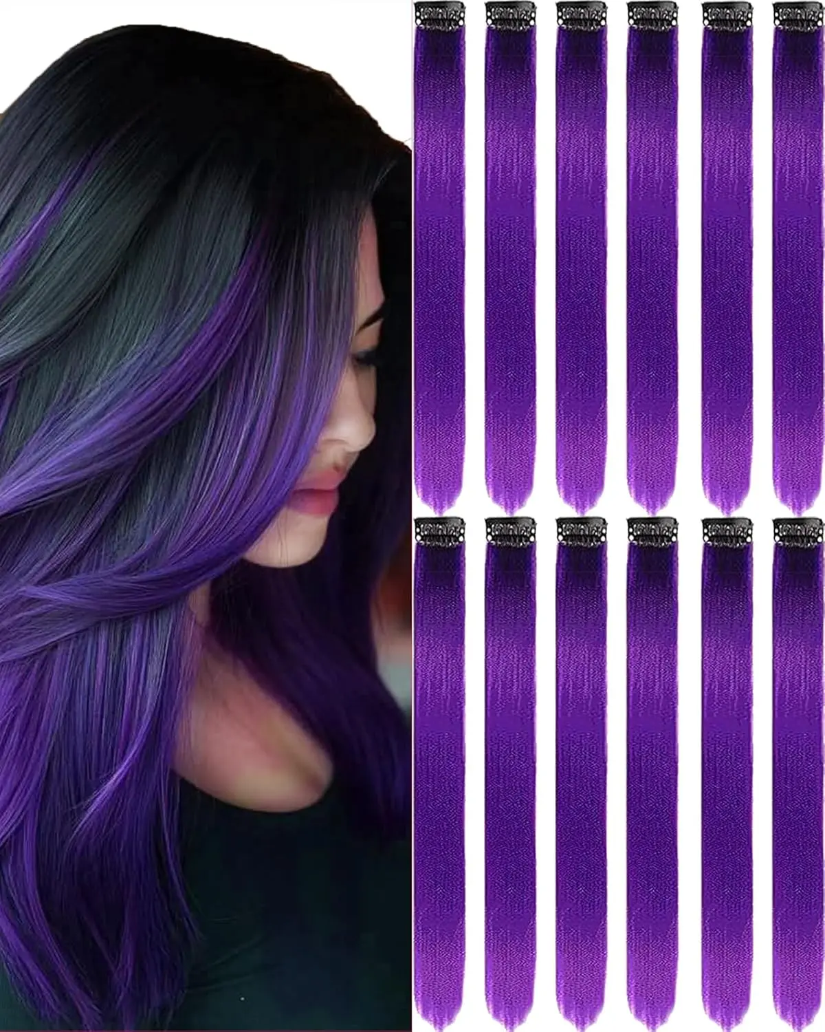12 count Purple Hair Extensions Clip in, 22-Inch Colored Hair Extensions Party Highlights Long Straight Synthetic Hairpieces for Women  Girls Halloween Christmas