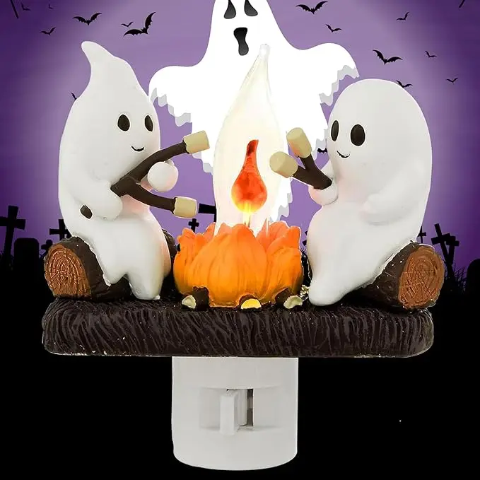 Ghost Campfire Night Light, Plug-in Wall Flickering Flame Nightlight, Halloween 3D Cute Spooky Marshmallow Ghost Decoration for Bedroom, Spooky Season Home Halloween Decor for Kids Adults