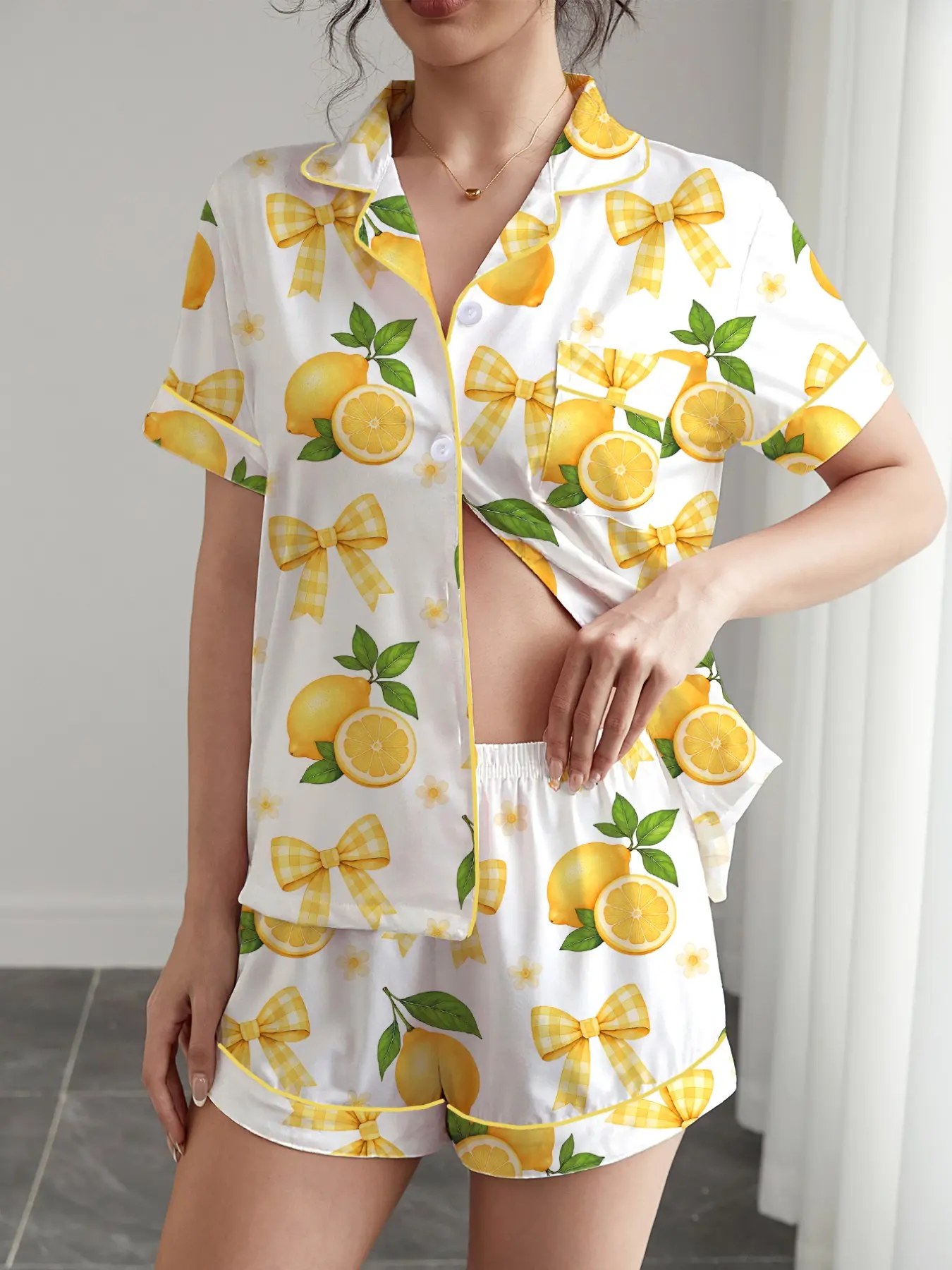 Women's Sleepwear Loungewear Pajama Sets Pjs Pyjamas, Lemon Bowknot Printed Short Sleeve Button-Up Soft Top & Loose Elastic Shorts, Casual Home Wear