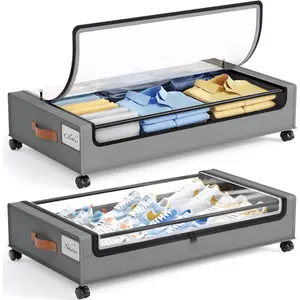 Under Bed Storage with Wheels, 2 Pack Under Bed Storage Containers, Large Under Bed Rolling Storage with Clear Window & Label, Bedroom Storage Organizer for Clothes, Shoes,Toys, Books, Blankets