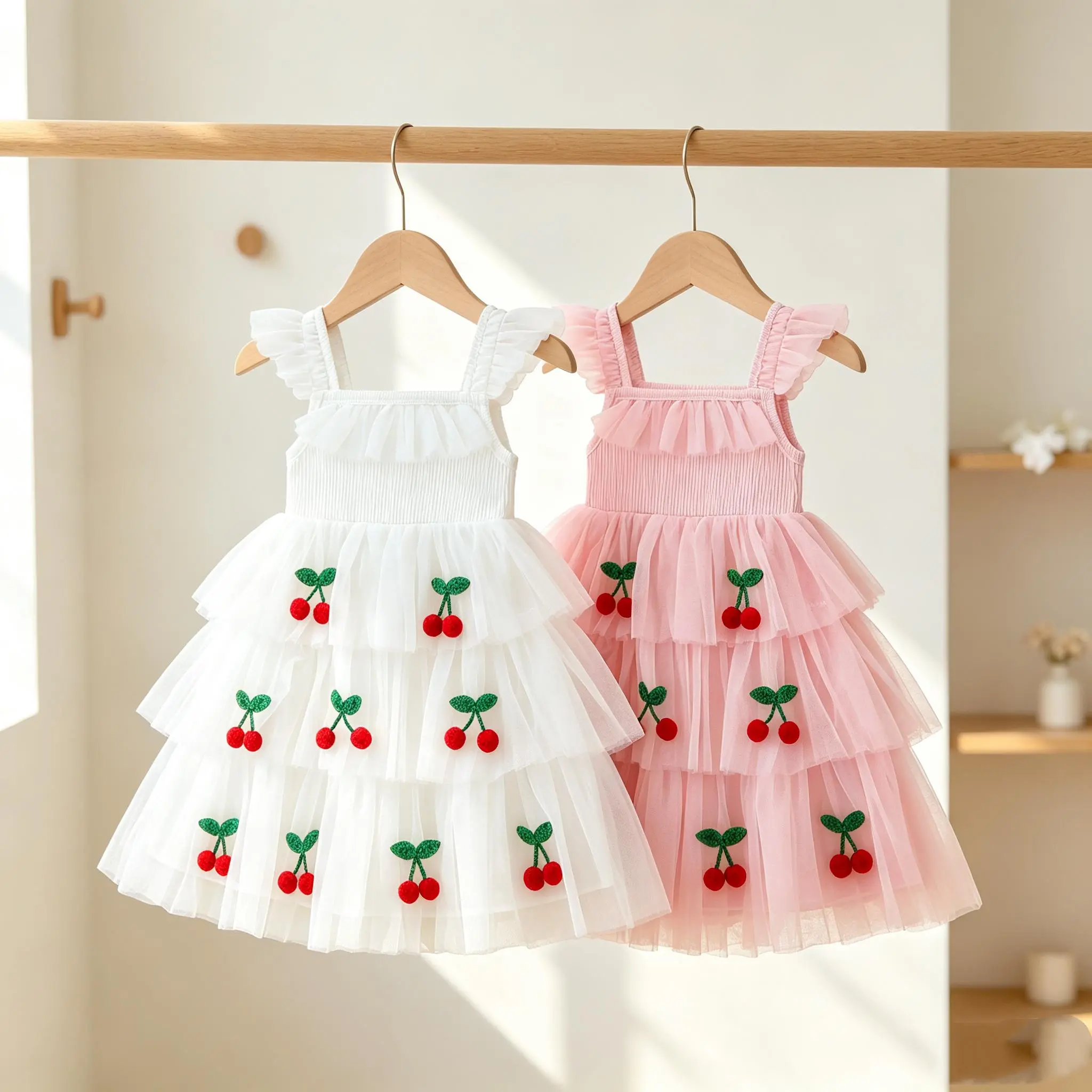 Girl’s Slip Dress, Sleeveless Cherry Layered Tulle Dress Summer A-line Dress for Casual Daily