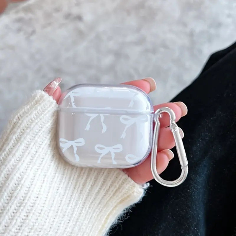 Blue Bows Pattern TPU Soft Protective Case for Apple AirPods 4/3/2/1/Pro/Pro2 Transparent Earphone Cover with Keychain Attachment