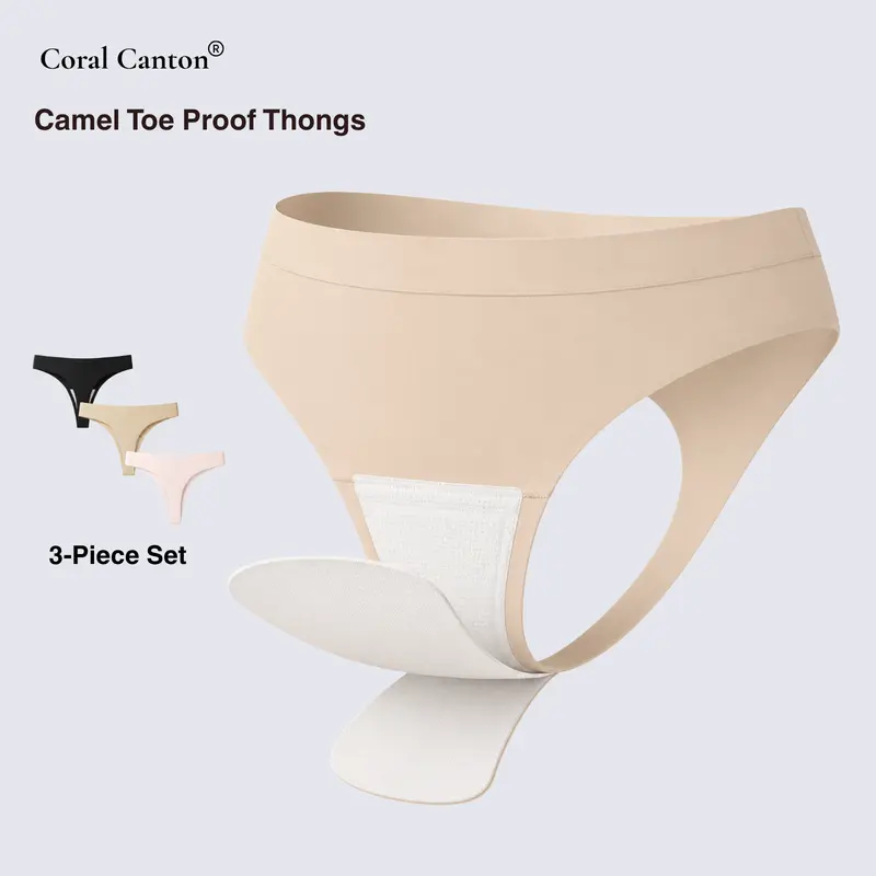 Coral Canton 3Pcs Camel Toe Proof Thong Panties Set SohoChic