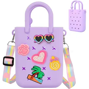 L-CPB005 Mini Rubber Tote Bag, Silicone Beach Tote for Little Girl & Woman, Cute Bag with 20 Charms & Adjustable Shoulder Strap