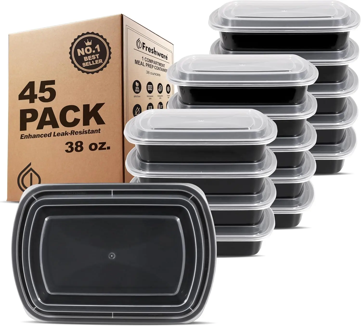 FRESHWARE 38oz Sturdy Heavy-Duty 1-Compartment Reusable BPA-Free Plastic Kitchen Food Storage Containers with Lids - 45-Pack Stackable Portion-Controlled Meal Prep Boxes for Kids, Microwave/Dishwasher/Freezer Safe