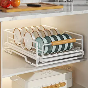 Space-Saving Pull-Out Dish Rack with Drip Tray - White metal with wooden handle, suitable for kitchen countertops and cabinet storage, can hold bowls, cups, and jars, dish drying rack