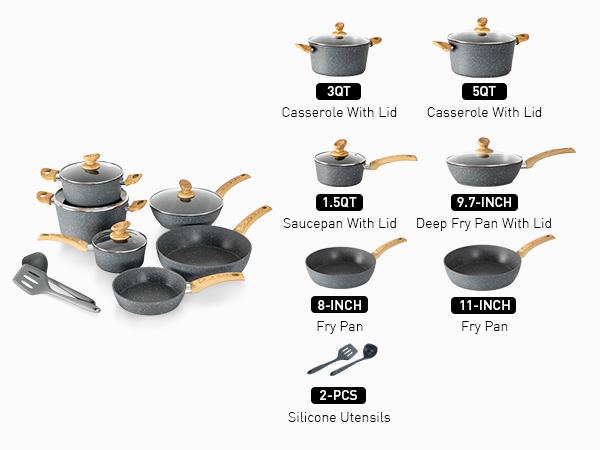 Kitchen Academy Granite Pots and Pans Set Non Stick, 12 Piece Cast Induction Cookware Set, Black Nonstick Kitchen Cooking Set w/Frying Pans & Saucepans(PFOS,PFOA,PFAS,PTFE Free)