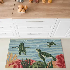 Lush Decor FRONTPORCH Indoor/Outdoor Hand Tufted Synthetic Blend Durable Area Rug - Transitional Graphic Coastal Turtle Decorative   (Swimming Baby Turtles)