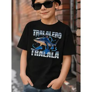 "Tralalero Tralala" Shark Young Boy's Shark Italian Brainrot Theme Funny Tralalero Tralala MEME Graphic Cotton T-Shirt For Young Boys, Black 100% Cotton T-shirts With Shark Graphic Theme Stranger Style Up Side Down Things/67 MEME Shirt, Funny MEME 67 Twee