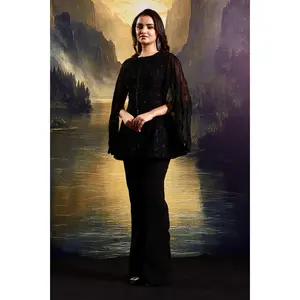 Black hand-embellished tone-on-tone kurta with cut sleeves paired & crepe pants