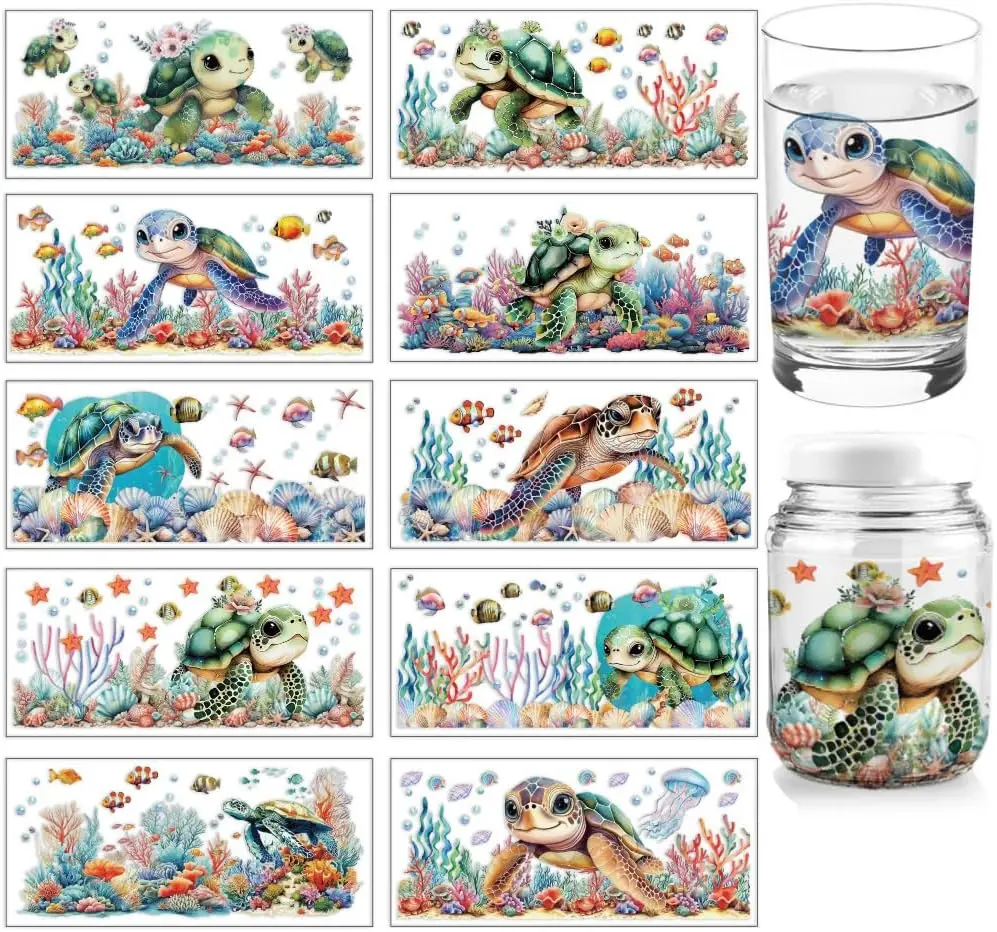10 Sheets UV DTF Cup Wraps for 16 OZ Glass Cups, 10 Styles Cartoon Sea Turtle Fish Seaweed Rub on Transfers PVC Transfer Stickers  Rub  for DIY Your Holiday Presents