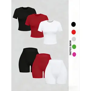Women's Solid Round Neck Tee & High Waist Shorts Ribbed Set Casual Short Sleeve T-Shirt & Skinny Track Shorts, Women's Summer Clothes, Matching Clothing Set Women, Cute Summer Outfit, Stretchy Outfit Sets