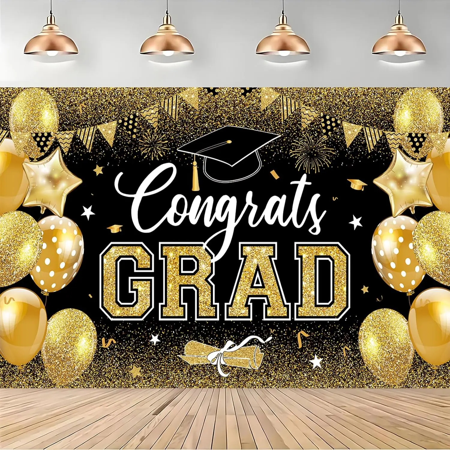 Congrats Grad Banner - XtraLarge Size Congratulations Banner 72x44 Inch - Grad Banners Backdrop for Graduation Decorations Class of 2026 - Black and Gold Graduation Decorations