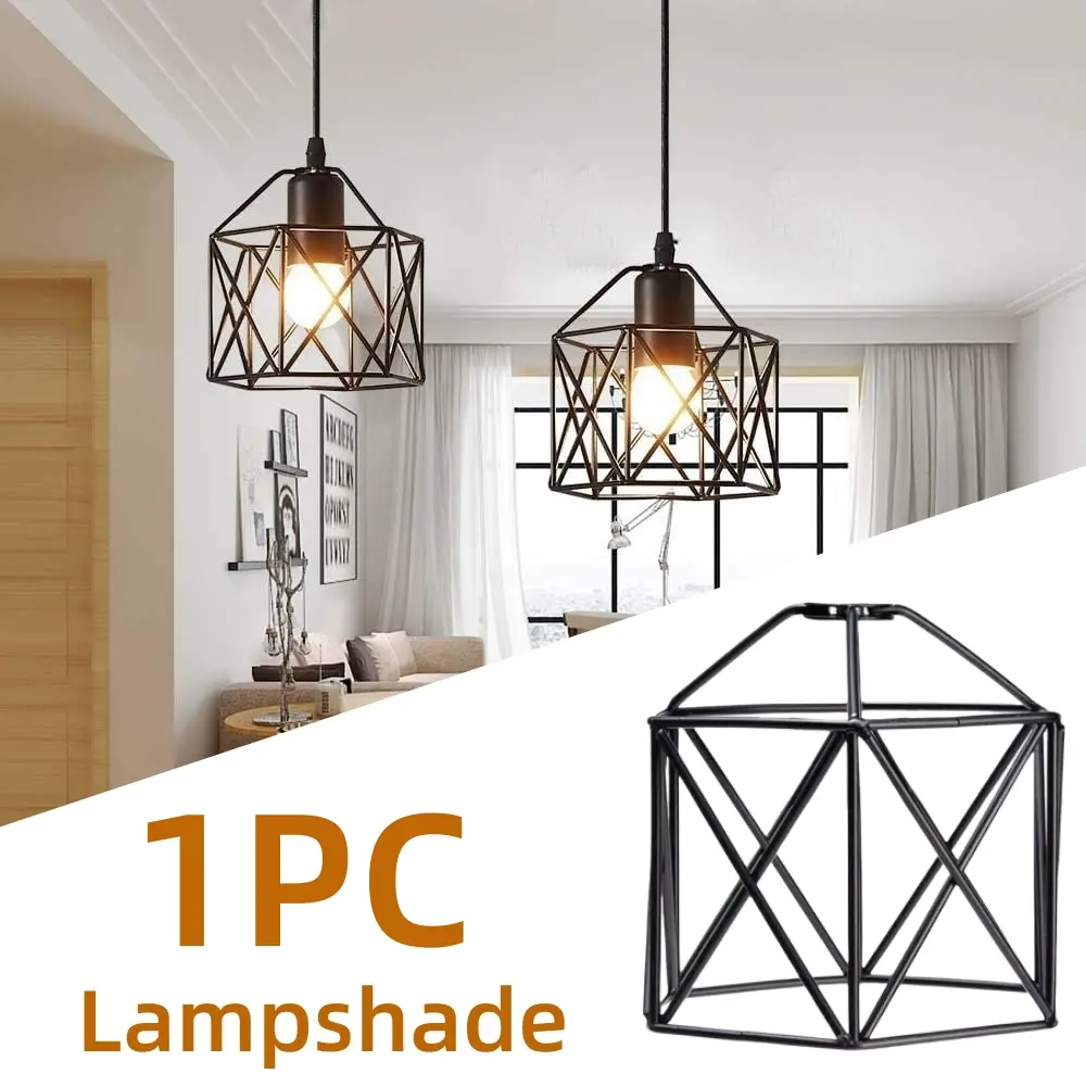 Modern Geometric Metal Wire Lampshade (Shade Only), Black Industrial Cage Light Cover for Pendant Light, Table Lamp & Home DIY Decor