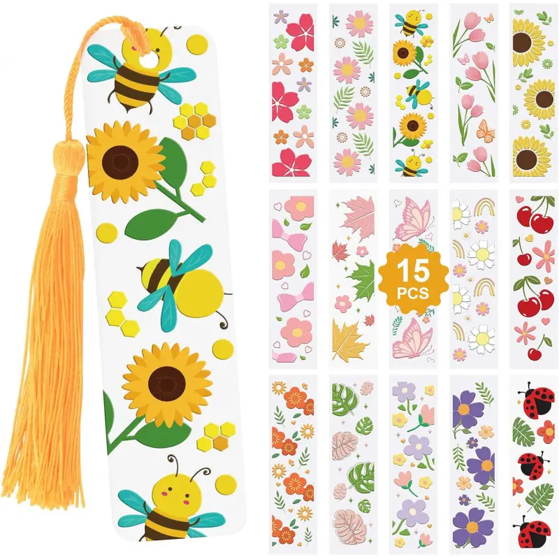 UV DTF Bookmark Wraps, 15 PCS Cute Flower Acrylic Bookmark Blank Stickers Rub on Transfer Stickers Creative DIY Blank Bookmarks Book Lover Gift