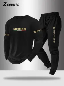 Men's Letter Print Long Sleeve Top and Drawstring Sweatpants Set, Eagle Design Mexico Print Casual Wear, All-Day Comfort