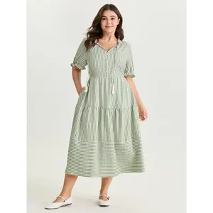 BLOOMCHIC Women's Plus Size Casual Polyester Striped Print Drawstring Tiered Maxi Dress - Moss Color