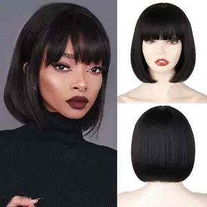 Missqueen Black Short Bob Synthetic Wig, Straight Black Bob Wig with Bangs, 10 Inch Straight Bob Bangs Wig for Women Daily Use