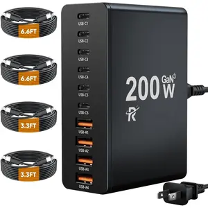 USB C  Station 10 Port with 4 Cables,200W GaN Type C Charger Block,Wall Charger Power Strip Adapter Plug for iPad iPhone17 16 15 14 13 12 Pro Max Pixel Note Galaxy