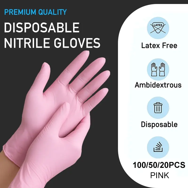 100/50/20pcs Disposable Pink Nitrile Gloves, Waterproof, Ideal for Tattooing, Hair Dye, Pet Grooming, Salon, Home Cleaning, Dishwashing, Housekeeping