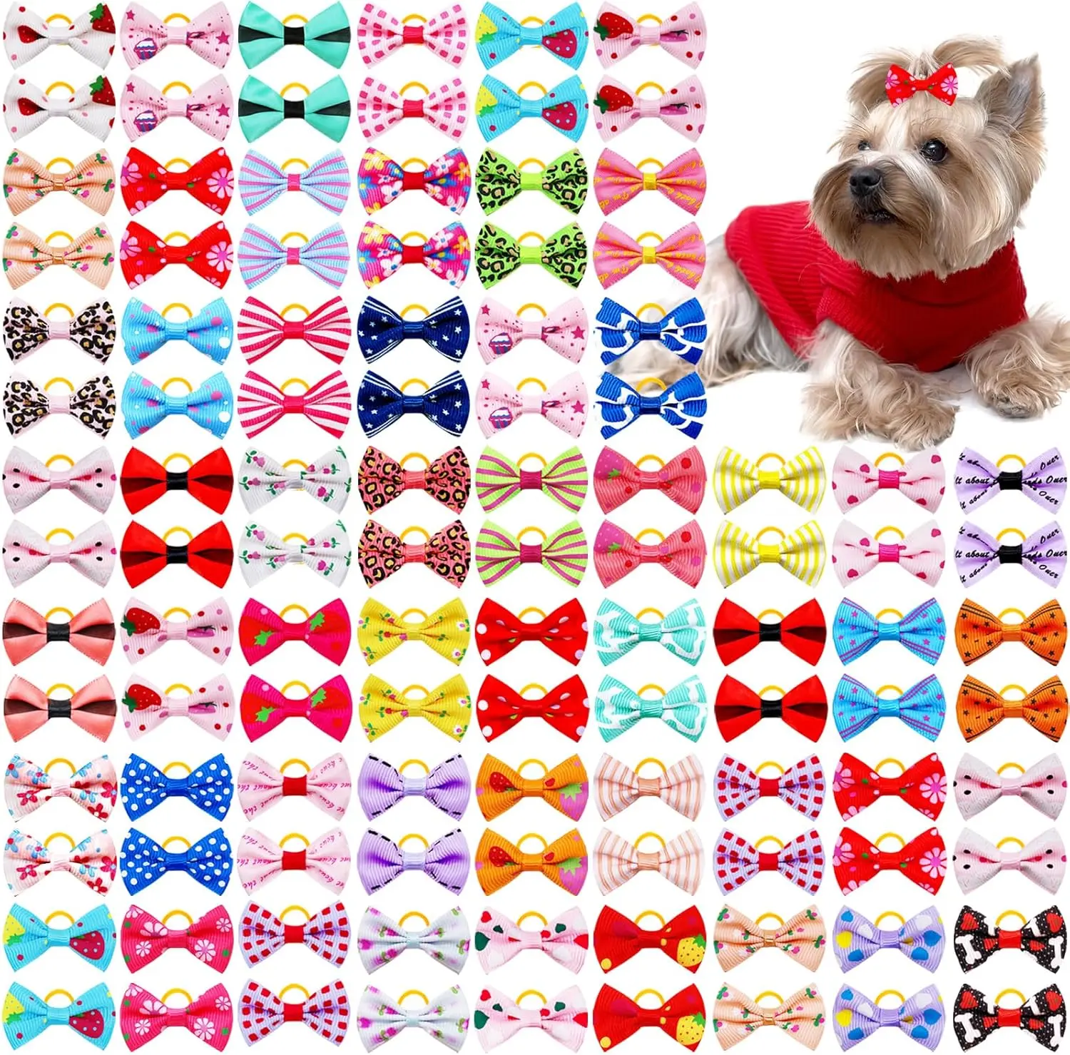 100PCS Cute Puppy Dog Hair Bows with Rubber Bands – Small Yorkie Bowknot Grooming Accessories, Colorful Pet Hair Bows for Small Dogs, Cats & Puppies, Handmade Dog Grooming & Styling Costume Accessories Set for Daily Use