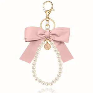 Initial Letter Cute Bow Keychain for Women, Wristlet Simulated Pearl Keychains Bag Charms for Handbags