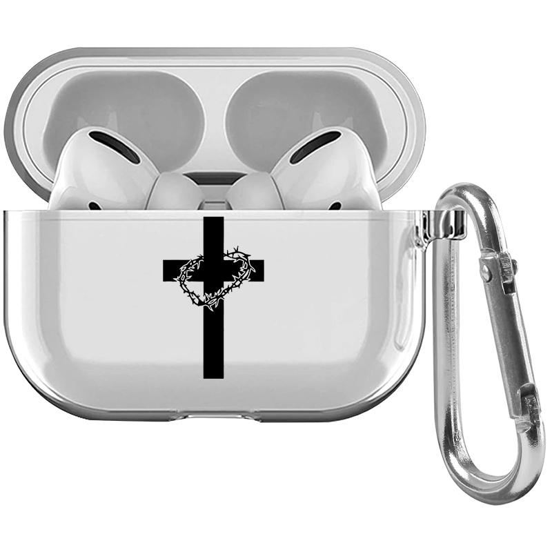 Cross Thorns Pattern Protective Case for AirPods 4/3/2/1/Pro/Pro2 Soft TPU Earphone Cover, Transparent with Keychain
