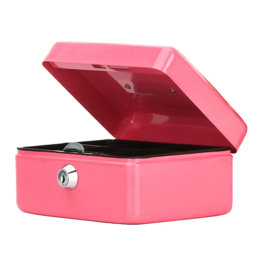 Small Cash Box with Key Lock,  Portable Metal Money Box with Double Layer & 2 Keys for Security, Pink, 6 1/5" x 5" x 3", QH1506XS