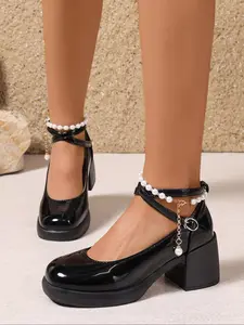 Elegant Classy Mary Jane High Heels Women, Comfortable All-Season Fabric, Rubber, Ankle Strap Design, Perfect for Weddings & Formal Events, Footwear