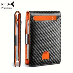 Blocking Carbon Fiber Ultra-Slim Bifold Wallet - ID Window Front Pocket Money Clip |   Synthetic Faux Leather Lining Secure Closure |   Minimalist Couple Gift Essential
