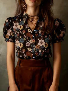 Women's Elegant Floral Print Button Front Casual Short Sleeve Top Shirt, Loose-Fitting Fashionable Ladies' Clothing, Comfortable Daily Wear
