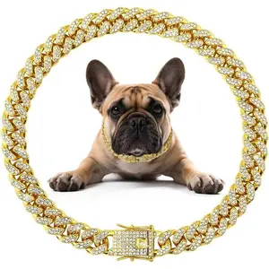 Silver Chain Collars for Large Dogs with Diamond ,Sparkly Bling Metal Cuban Link Dog Collars, Rhinestone Glitter  Necklace for Large Pet Dogs 24 inch