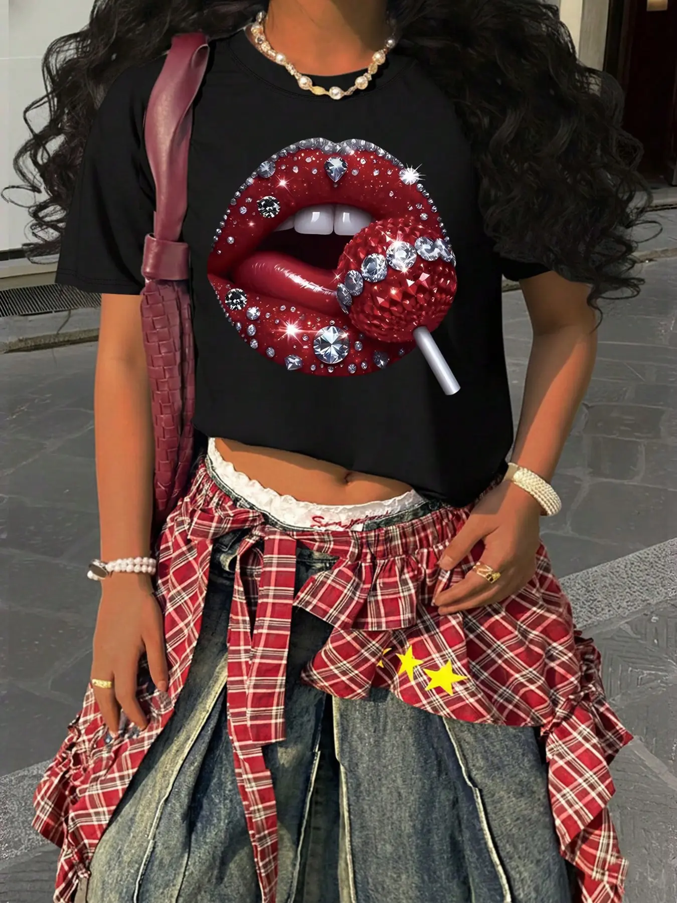 Trendy Short Sleeve T-Shirt with Lollipop Print, Casual Fitted Streetwear Y2K Style for Teenage Girls, All Season Comfortable Wear