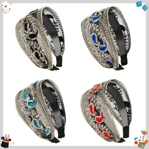 4PCS Retro Wide Lace Embroidered Women Headband Sequins Bezel Hair Hoop Female Turban Hairband Head Wrap Bandana