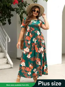 Plus Size Floral Print Pocket Round Neck Tee Dress, Summer Clothes Women, Boho Casual Short Sleeve Long Dress for Beach Vacation Holiday, Women's Clothes for Summer, Womenswear