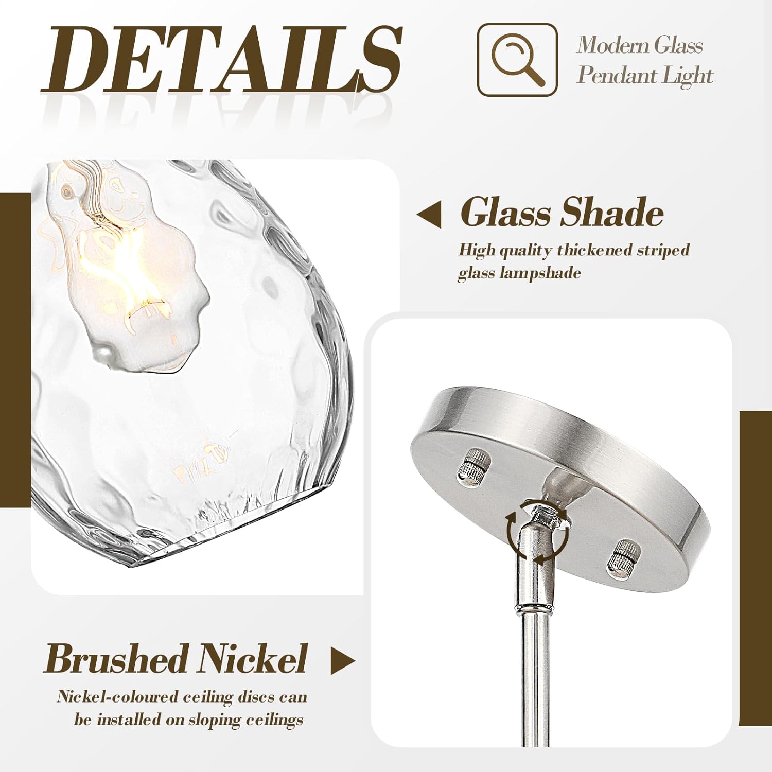 Glass Pendant Lights Kitchen Island, 1-Light Modern Brushed Nickel Fixtures with Hammered Glass & Rods Small Hanging Light for Kitchen Sink Dining Room Bathroom