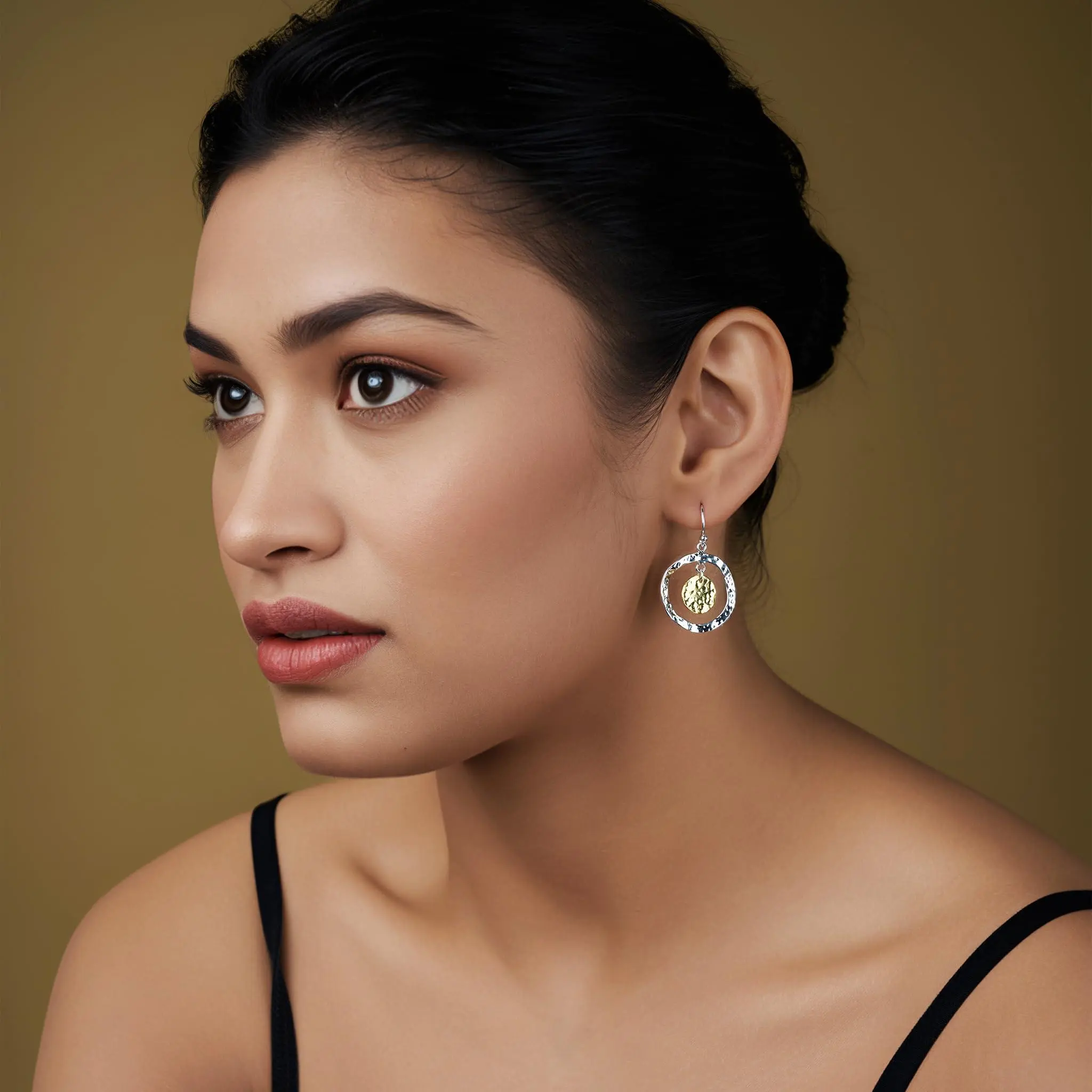 LeCalla 925 Sterling Silver Jewelry Classic Hammered Double Dangling Earrings Italian Hammered Design Two-Tone Disc Drop Earrings for Women 35 MM