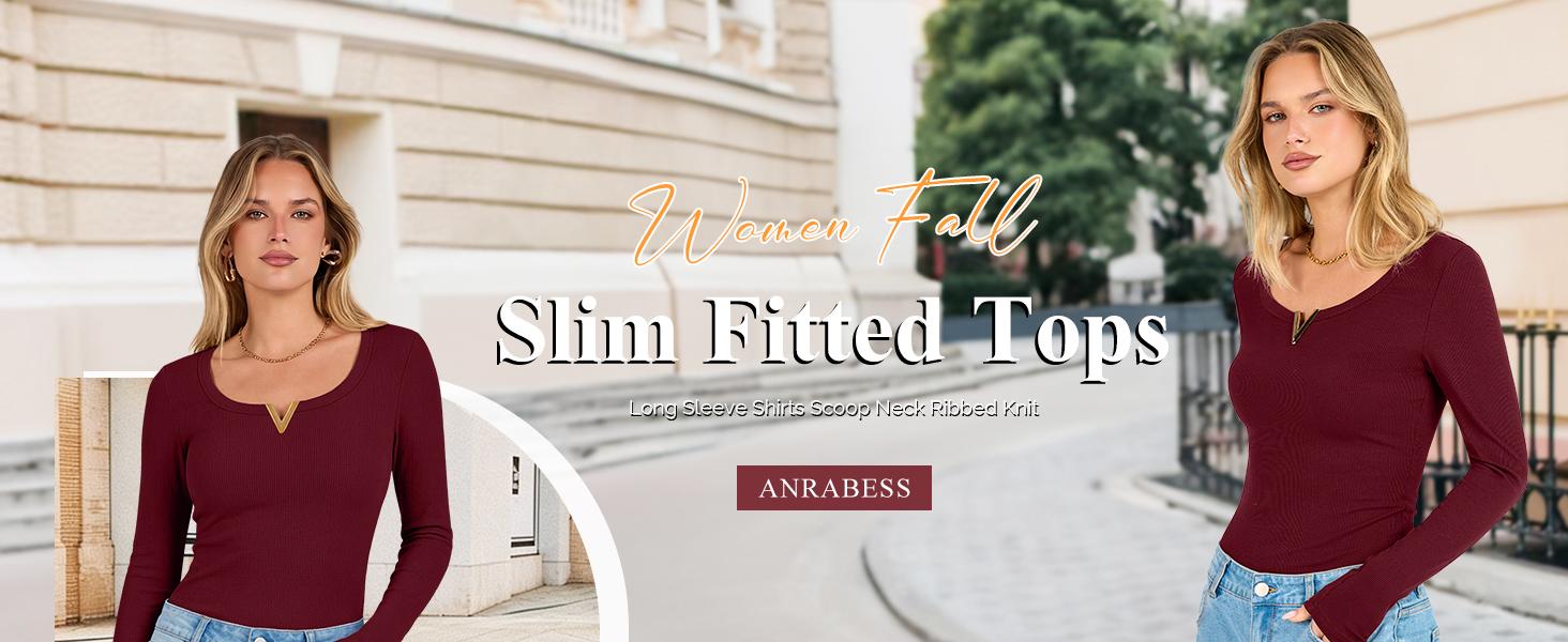 ANRABESS Womens Long Sleeve Scoop Neck Tops | Ribbed Knit Slim Fit Shirts, V Notch Basic Tees, Soft Stretch Breathable Fabric, Fall Winter Layering, Casual Work Travel Wear